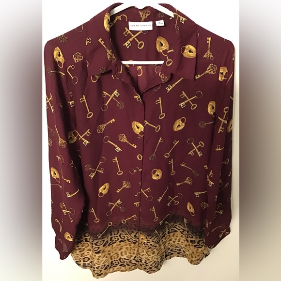 Susan Graver maroon animal print button down blouse size 6 - Picture 1 of 5